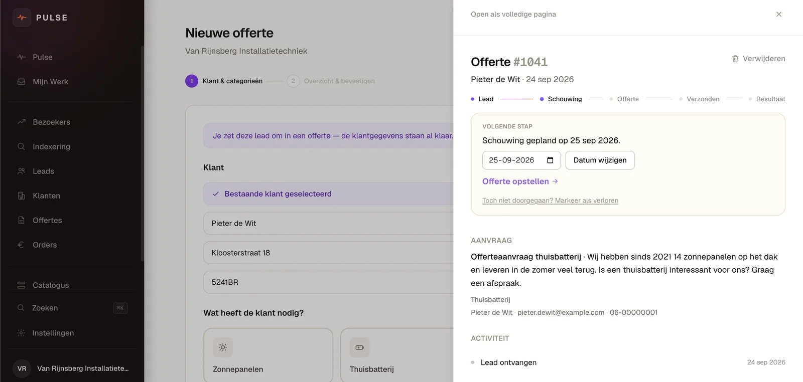 Een lead voor een thuisbatterij met de stappen lead, schouwing, offerte, verzonden en resultaat