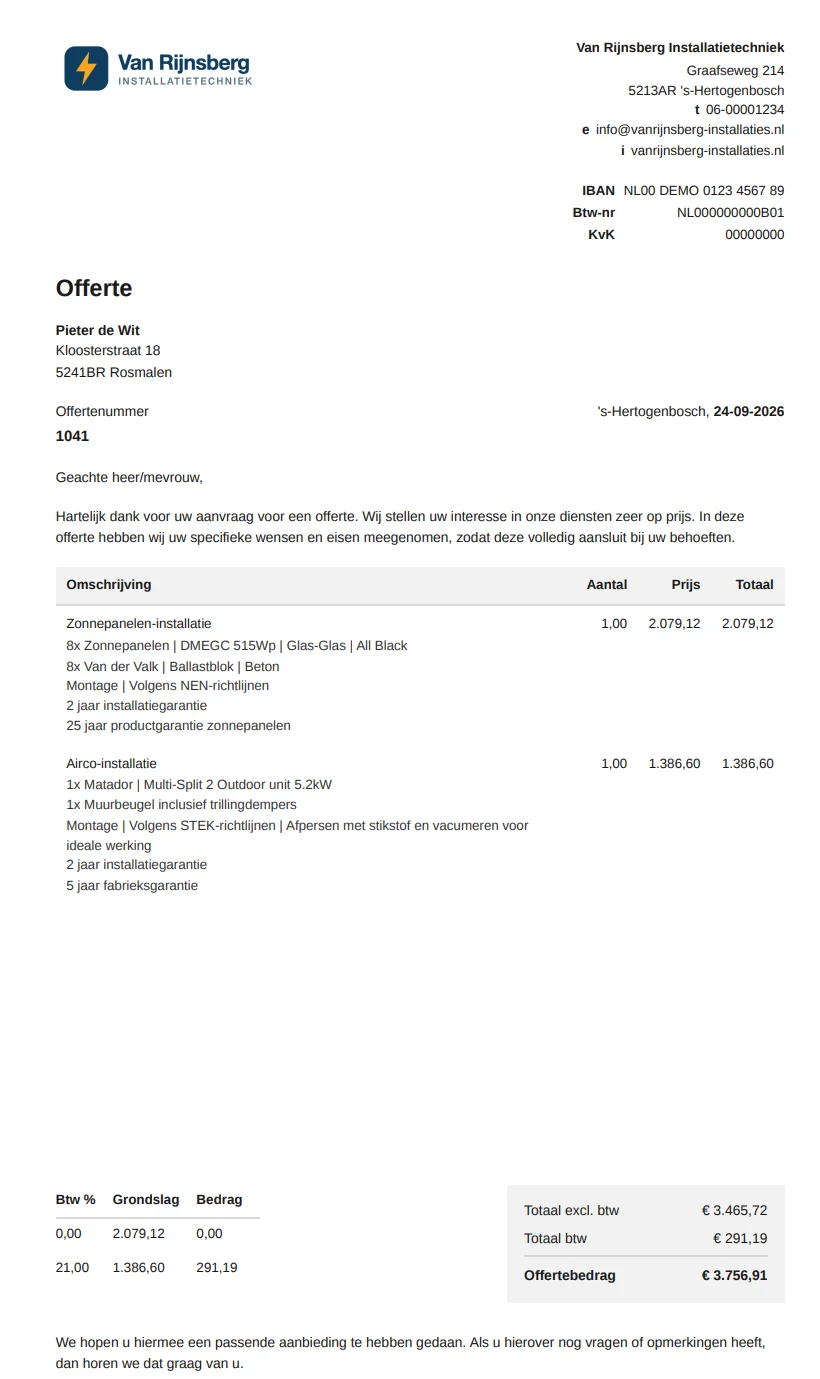 De uiteindelijke offerte als PDF met logo en bedrijfsgegevens van het installatiebedrijf, productregels, btw-specificatie en offertebedrag